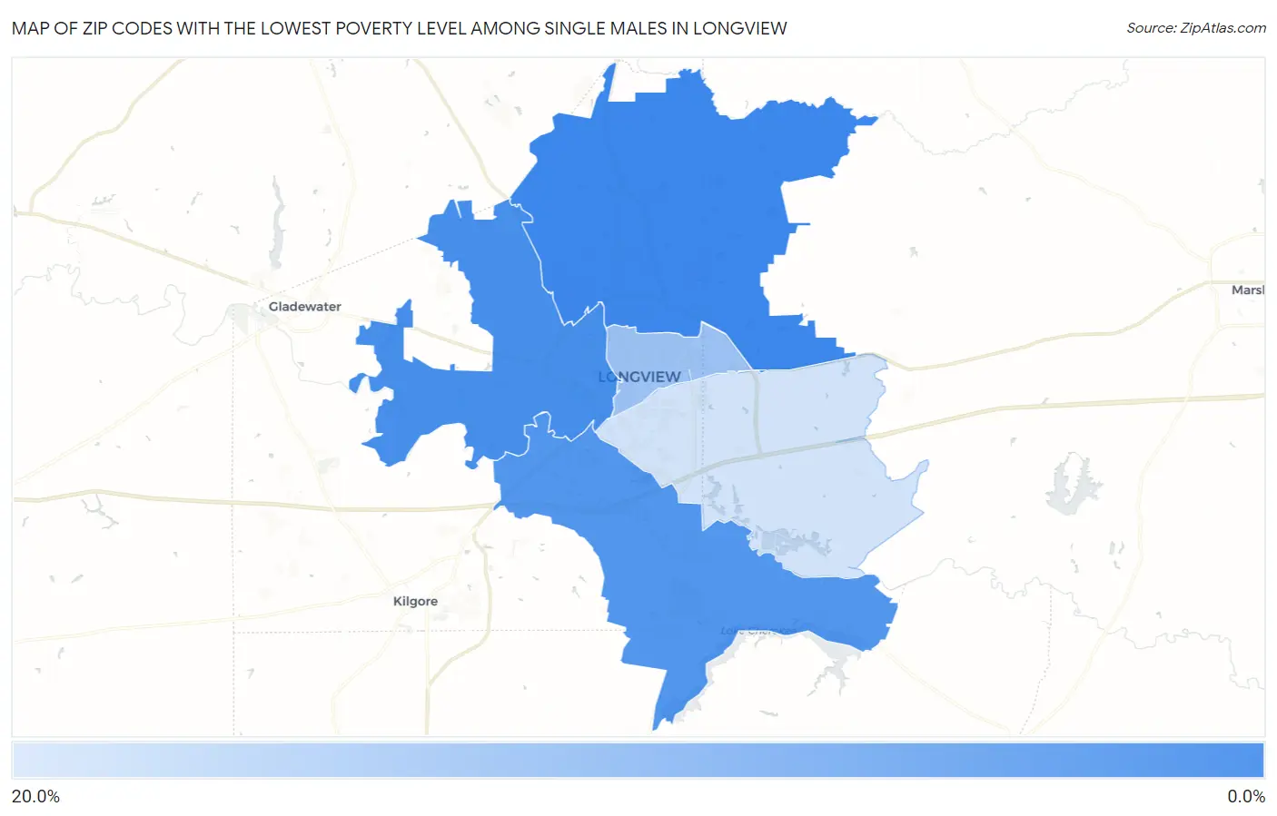 Zip Codes with the Lowest Poverty Level Among Single Males in Longview Map