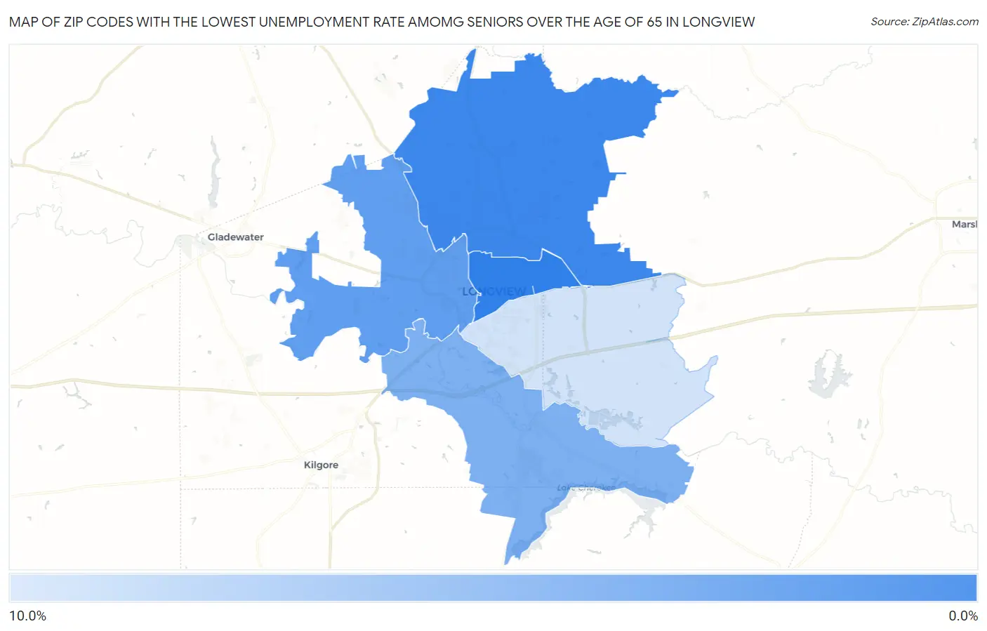 Zip Codes with the Lowest Unemployment Rate Amomg Seniors Over the Age of 65 in Longview Map