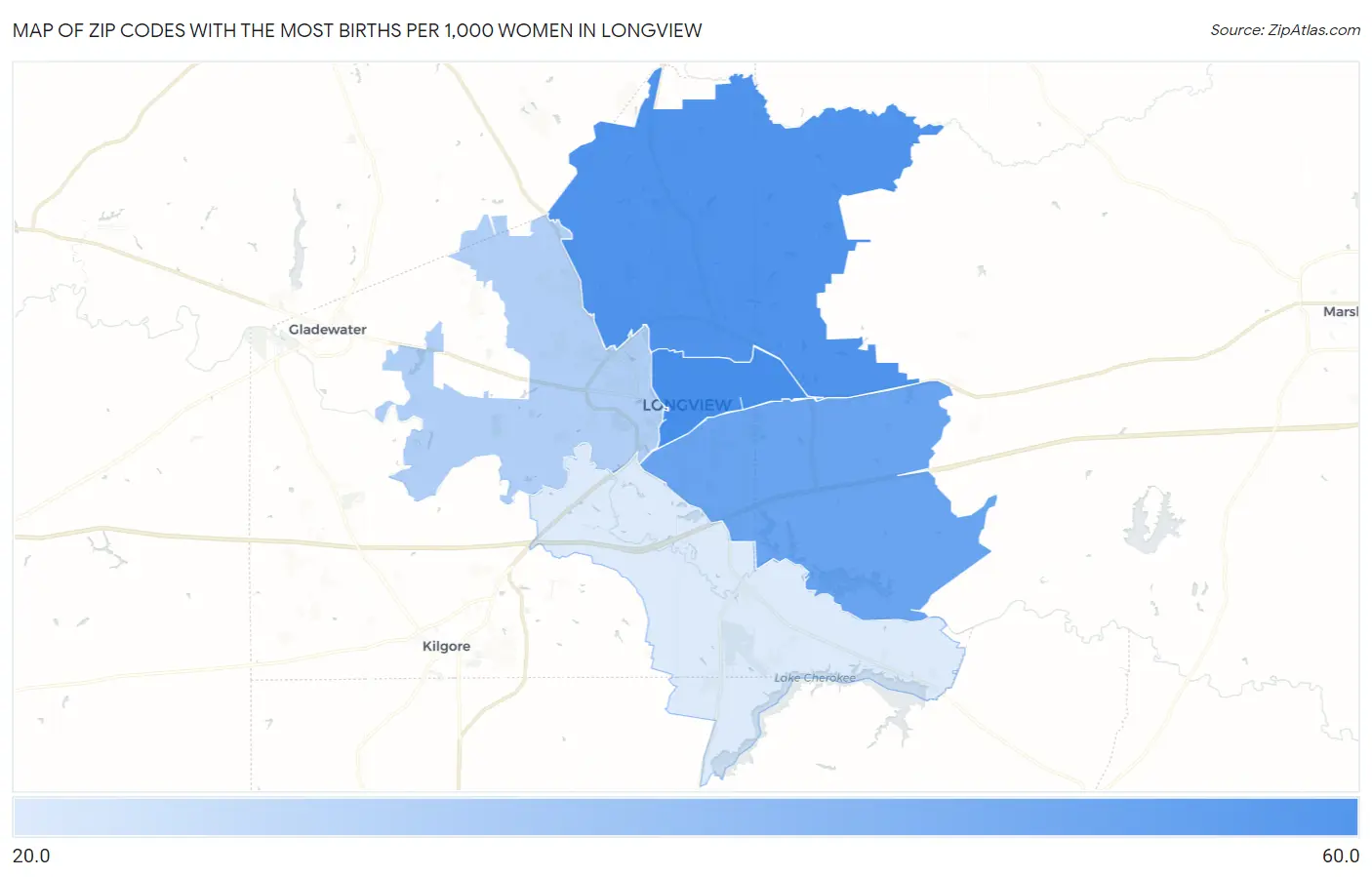 Zip Codes with the Most Births per 1,000 Women in Longview Map