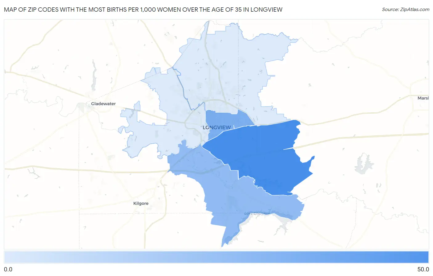 Zip Codes with the Most Births per 1,000 Women Over the Age of 35 in Longview Map