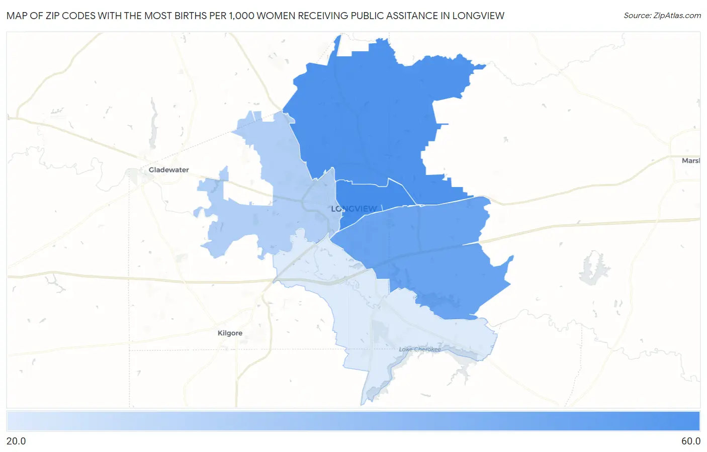 Zip Codes with the Most Births per 1,000 Women Receiving Public Assitance in Longview Map