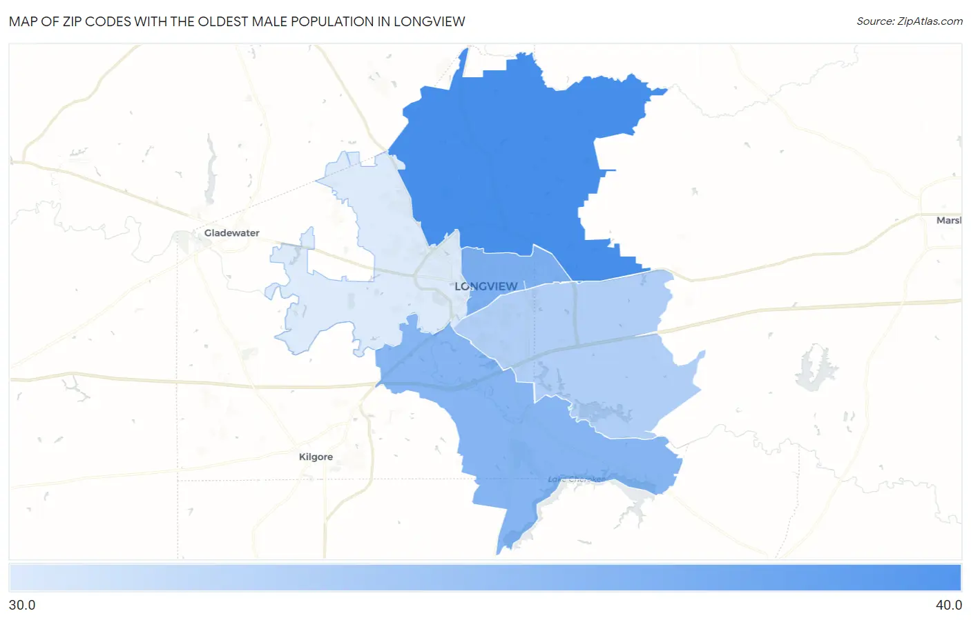 Zip Codes with the Oldest Male Population in Longview Map