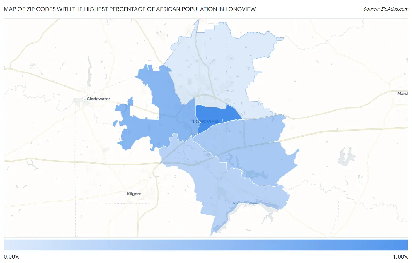 Zip Codes with the Highest Percentage of African Population in Longview Map