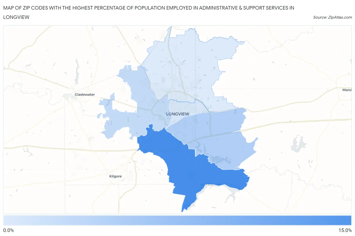 Zip Codes with the Highest Percentage of Population Employed in Administrative & Support Services in Longview Map