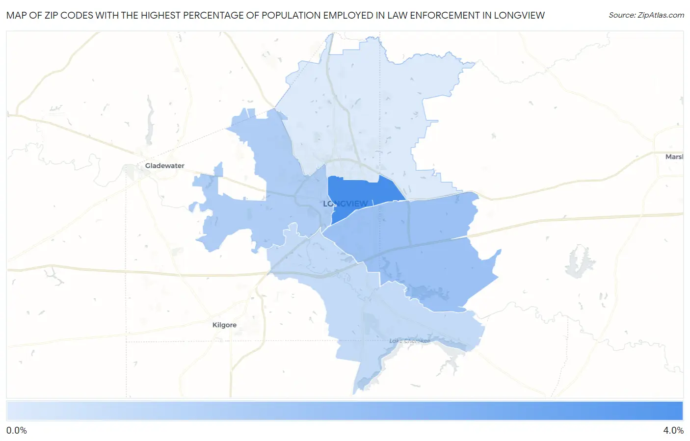 Zip Codes with the Highest Percentage of Population Employed in Law Enforcement in Longview Map