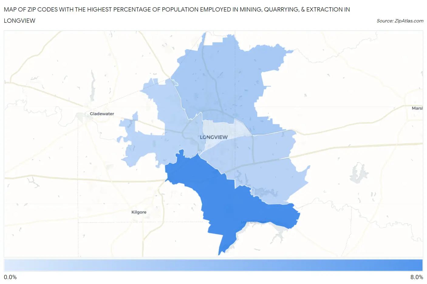 Zip Codes with the Highest Percentage of Population Employed in Mining, Quarrying, & Extraction in Longview Map