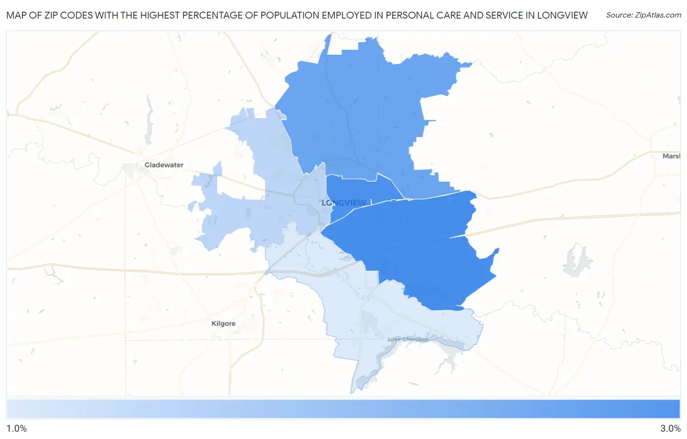 Zip Codes with the Highest Percentage of Population Employed in Personal Care and Service in Longview Map