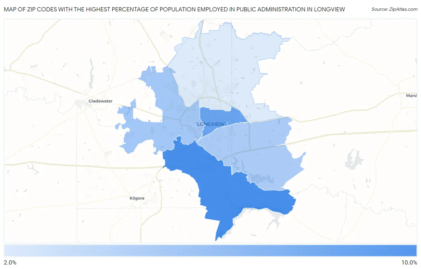 Zip Codes with the Highest Percentage of Population Employed in Public Administration in Longview Map