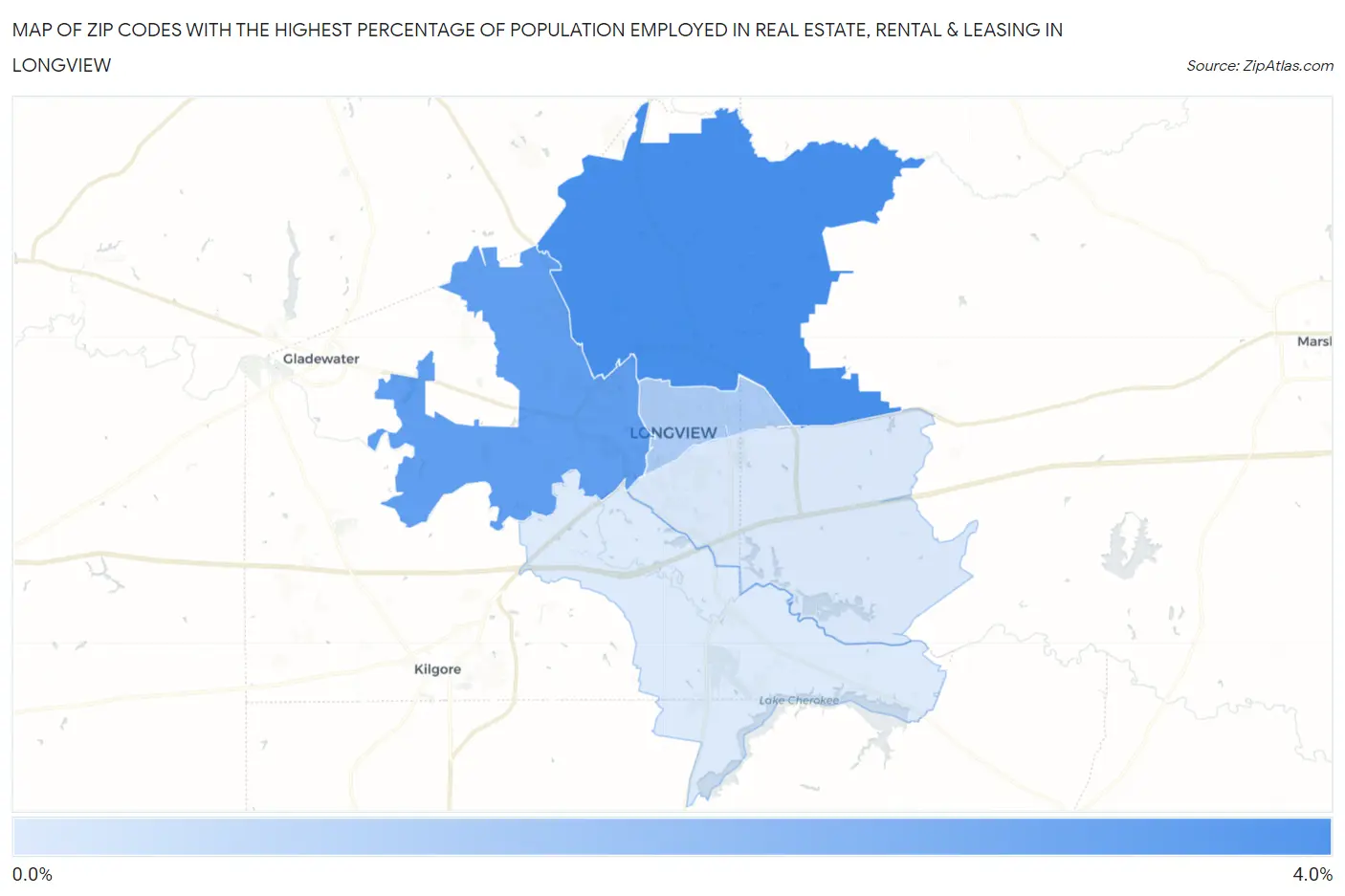 Zip Codes with the Highest Percentage of Population Employed in Real Estate, Rental & Leasing in Longview Map