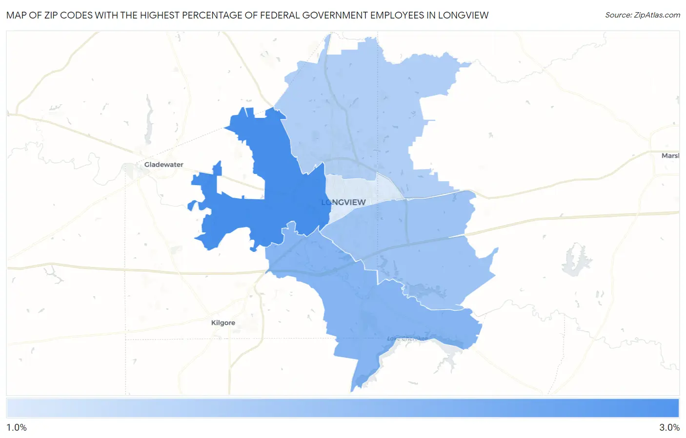 Zip Codes with the Highest Percentage of Federal Government Employees in Longview Map