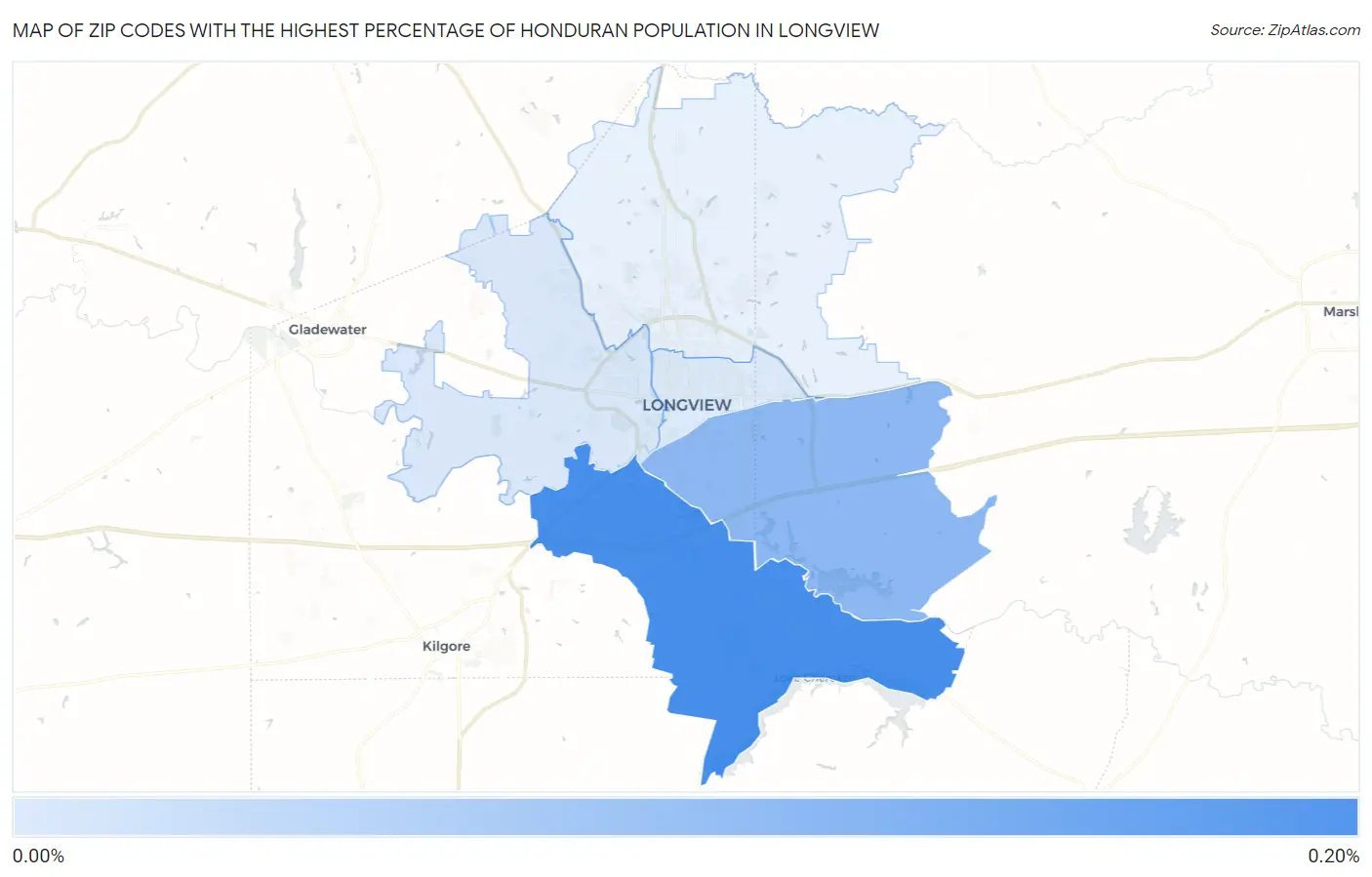 Zip Codes with the Highest Percentage of Honduran Population in Longview Map