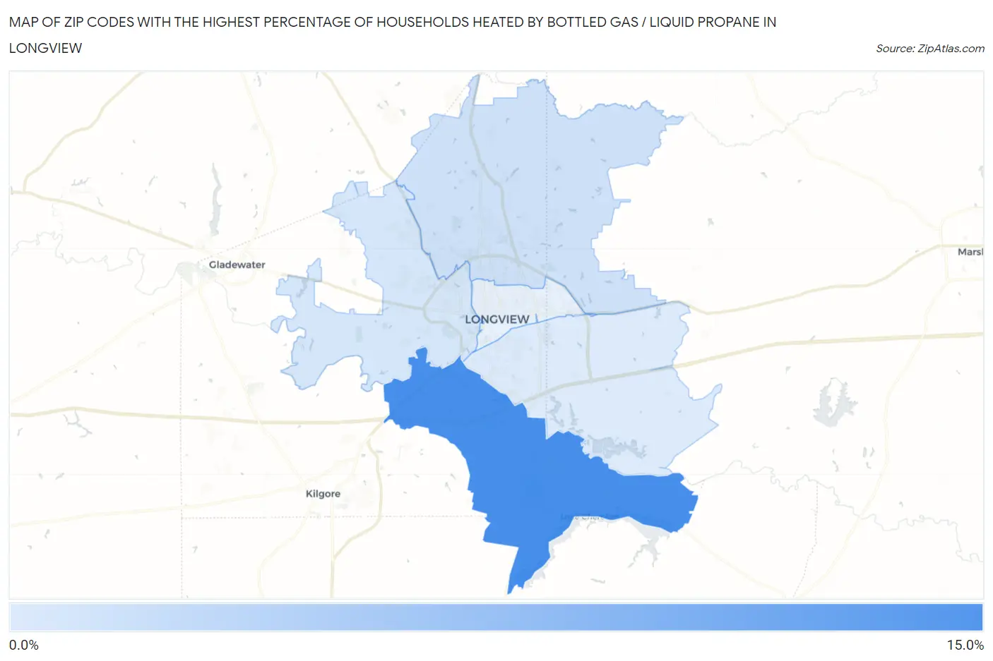 Zip Codes with the Highest Percentage of Households Heated by Bottled Gas / Liquid Propane in Longview Map
