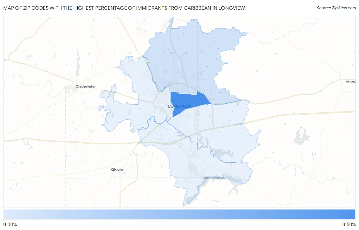 Zip Codes with the Highest Percentage of Immigrants from Caribbean in Longview Map