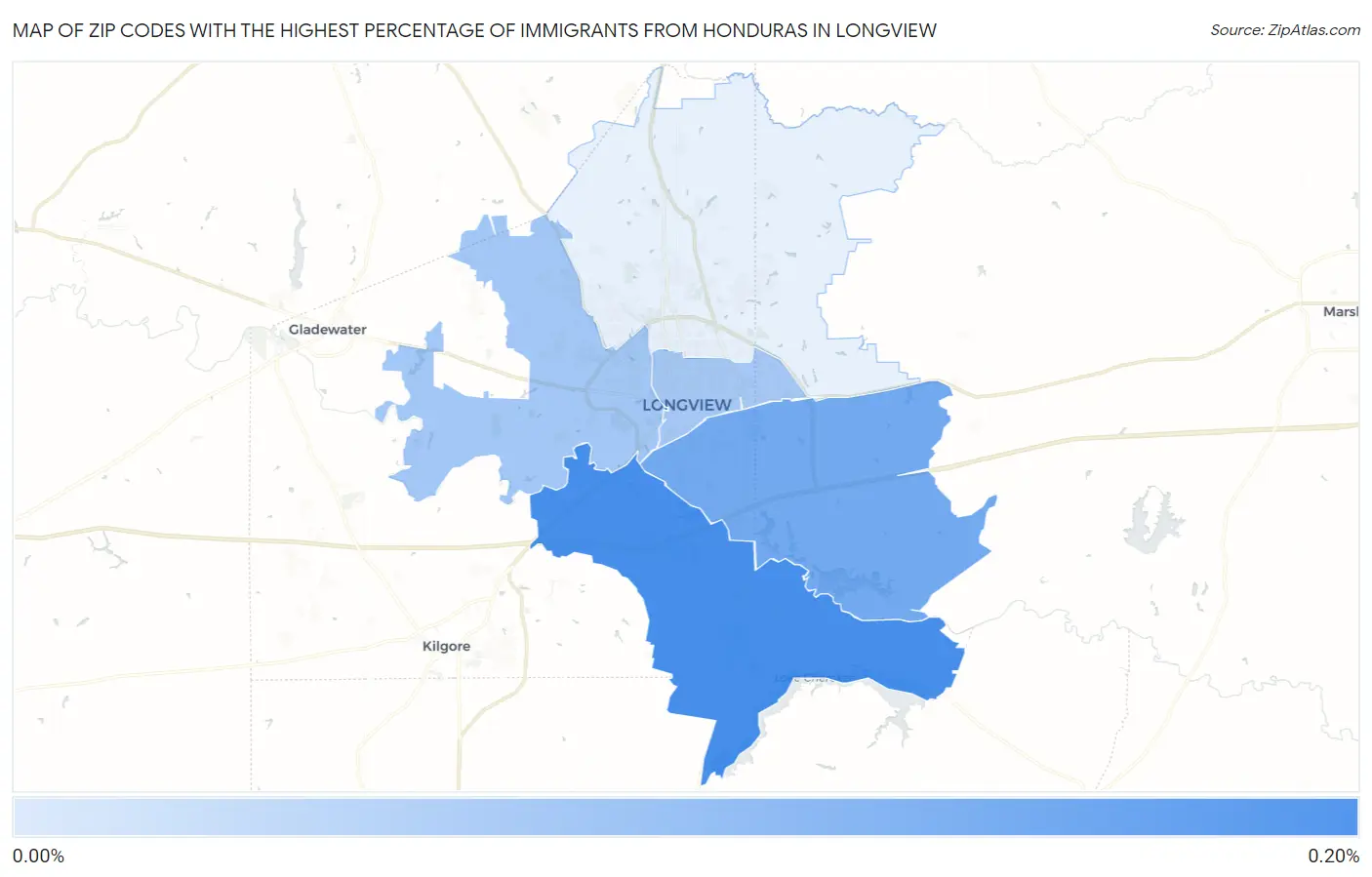Zip Codes with the Highest Percentage of Immigrants from Honduras in Longview Map