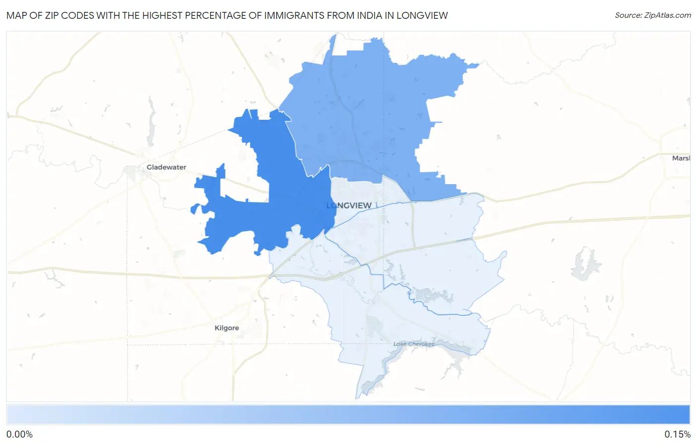 Zip Codes with the Highest Percentage of Immigrants from India in Longview Map