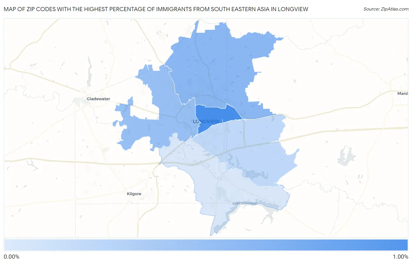 Zip Codes with the Highest Percentage of Immigrants from South Eastern Asia in Longview Map