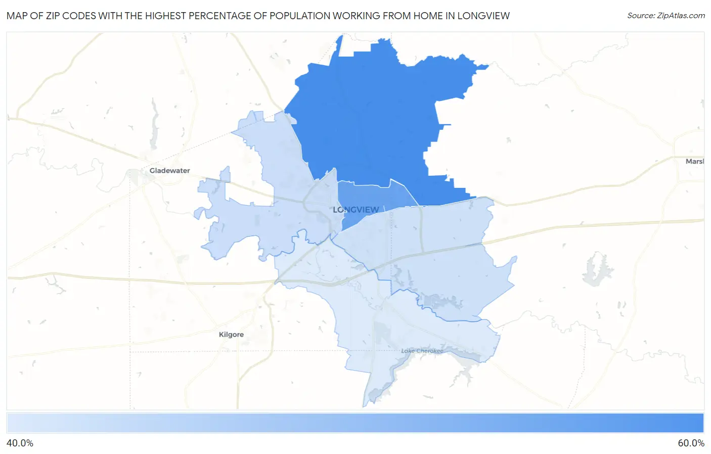 Zip Codes with the Highest Percentage of Population Working from Home in Longview Map