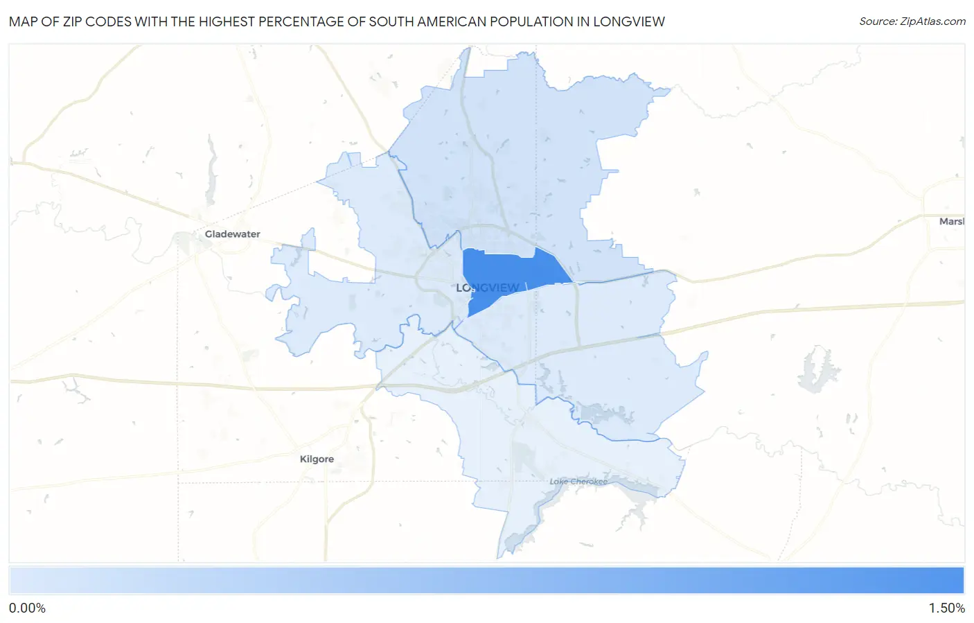 Zip Codes with the Highest Percentage of South American Population in Longview Map