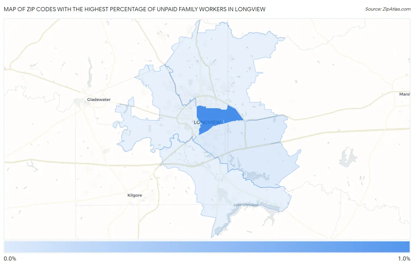 Zip Codes with the Highest Percentage of Unpaid Family Workers in Longview Map