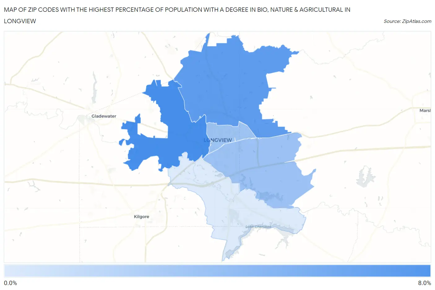 Zip Codes with the Highest Percentage of Population with a Degree in Bio, Nature & Agricultural in Longview Map