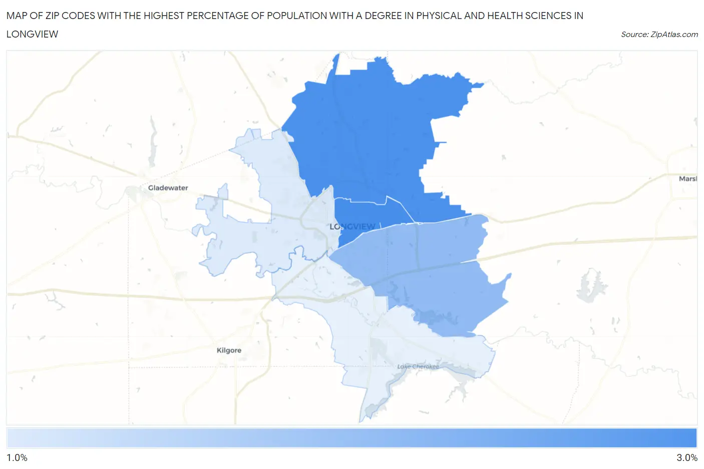 Zip Codes with the Highest Percentage of Population with a Degree in Physical and Health Sciences in Longview Map