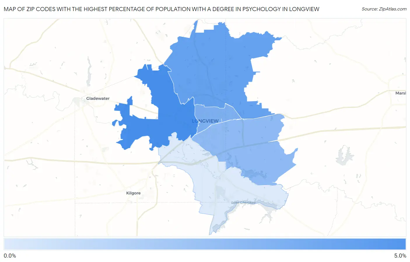Zip Codes with the Highest Percentage of Population with a Degree in Psychology in Longview Map