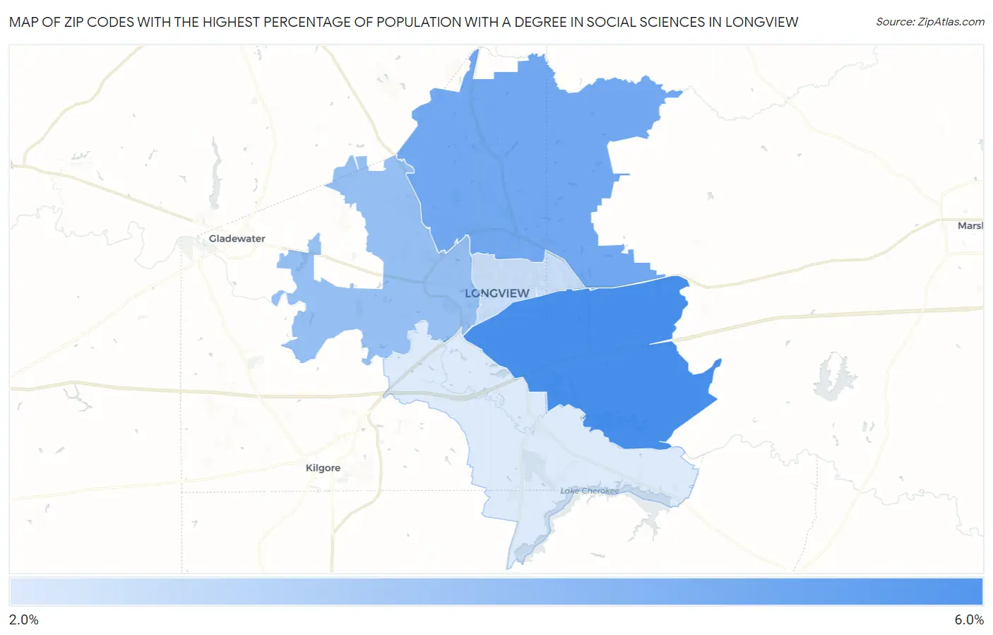 Zip Codes with the Highest Percentage of Population with a Degree in Social Sciences in Longview Map