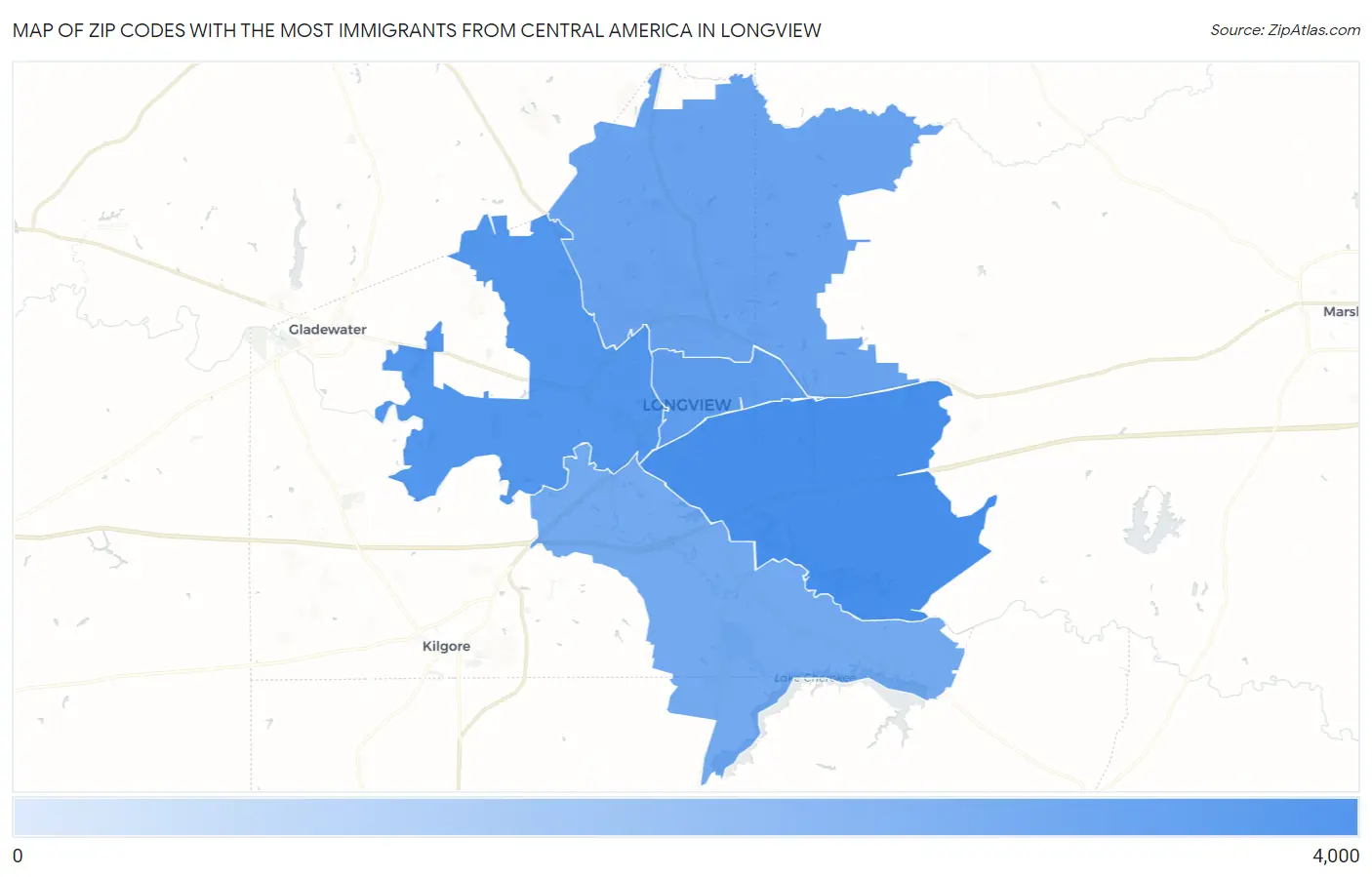 Zip Codes with the Most Immigrants from Central America in Longview Map