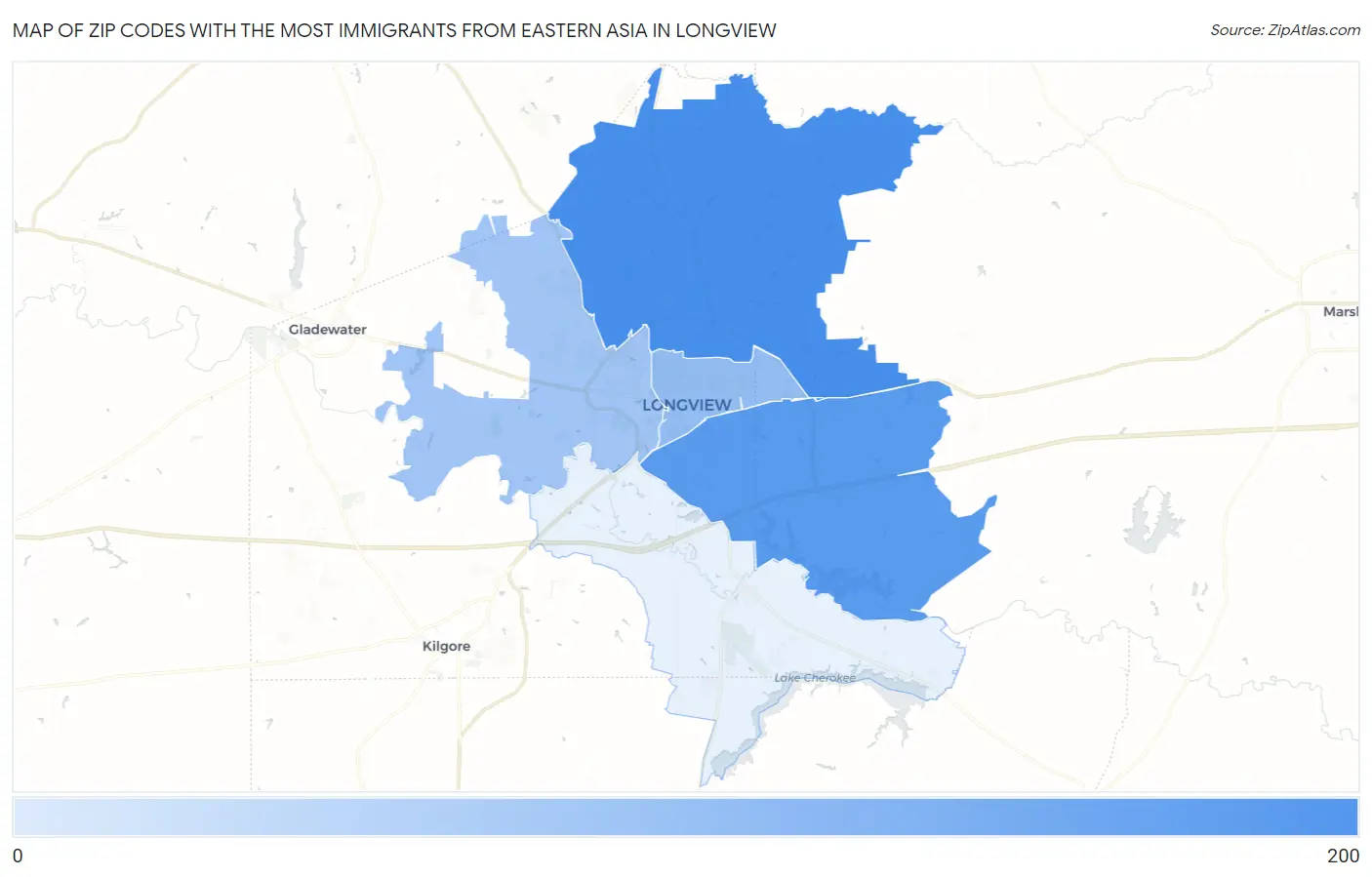 Zip Codes with the Most Immigrants from Eastern Asia in Longview Map