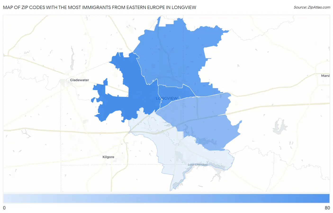 Zip Codes with the Most Immigrants from Eastern Europe in Longview Map