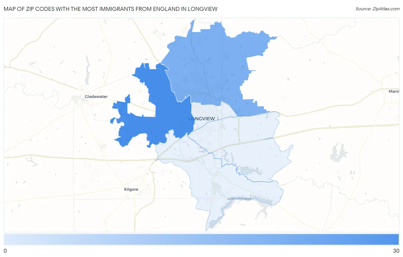 Zip Codes with the Most Immigrants from England in Longview Map