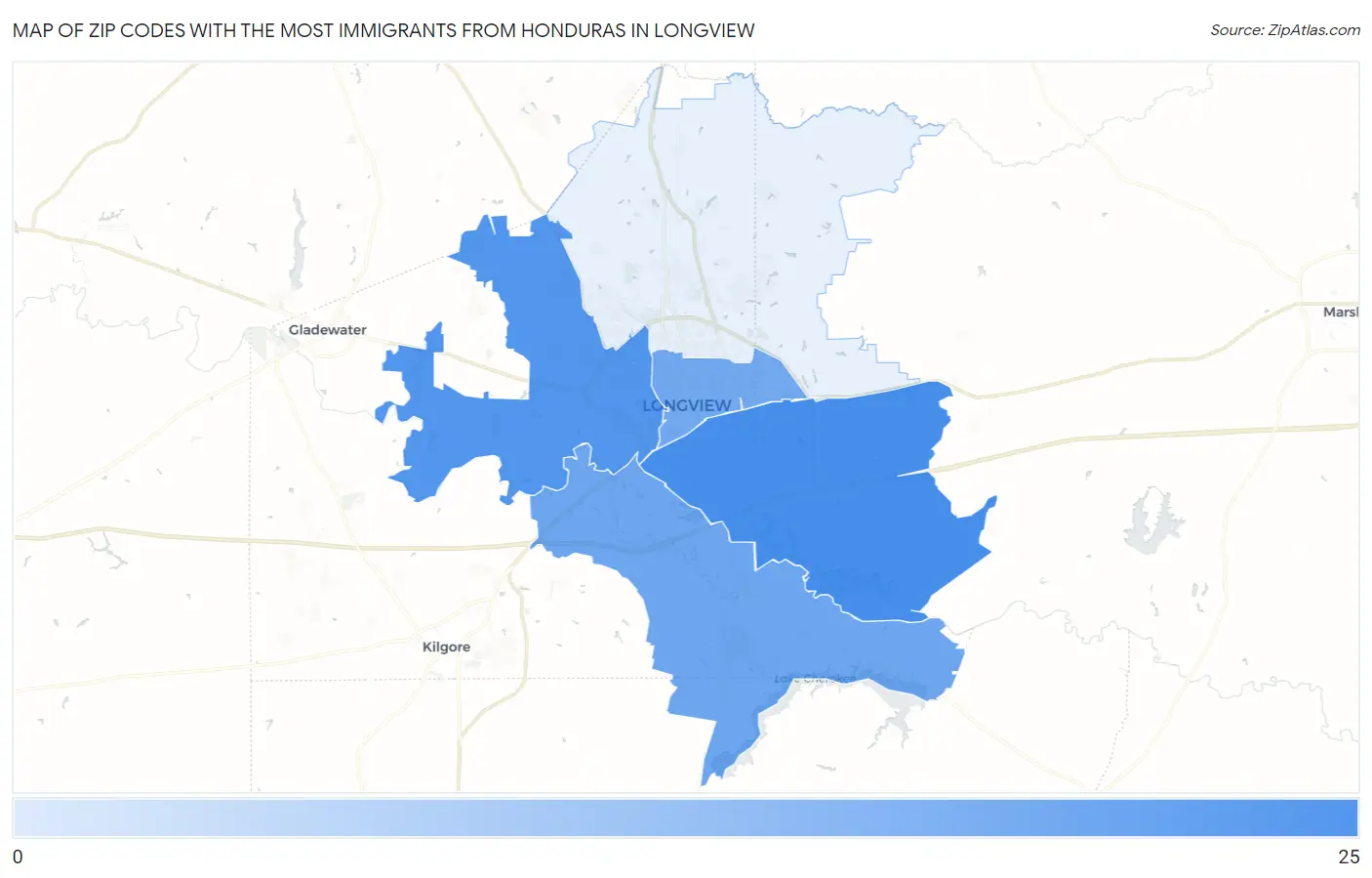 Zip Codes with the Most Immigrants from Honduras in Longview Map