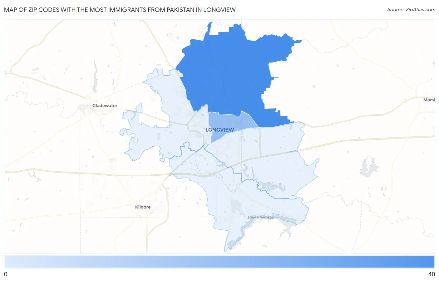 Zip Codes with the Most Immigrants from Pakistan in Longview Map