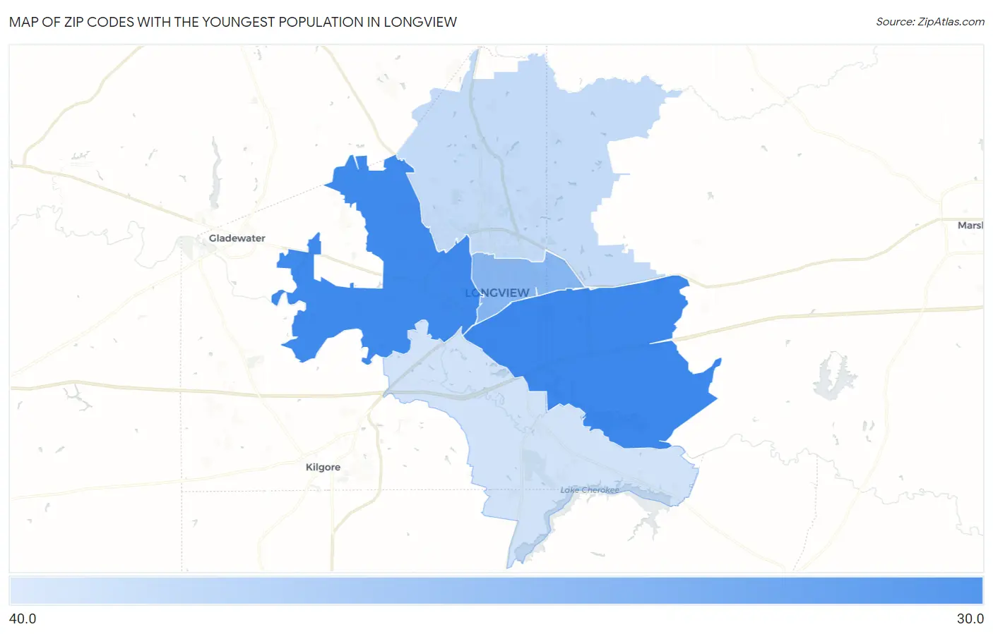 Zip Codes with the Youngest Population in Longview Map