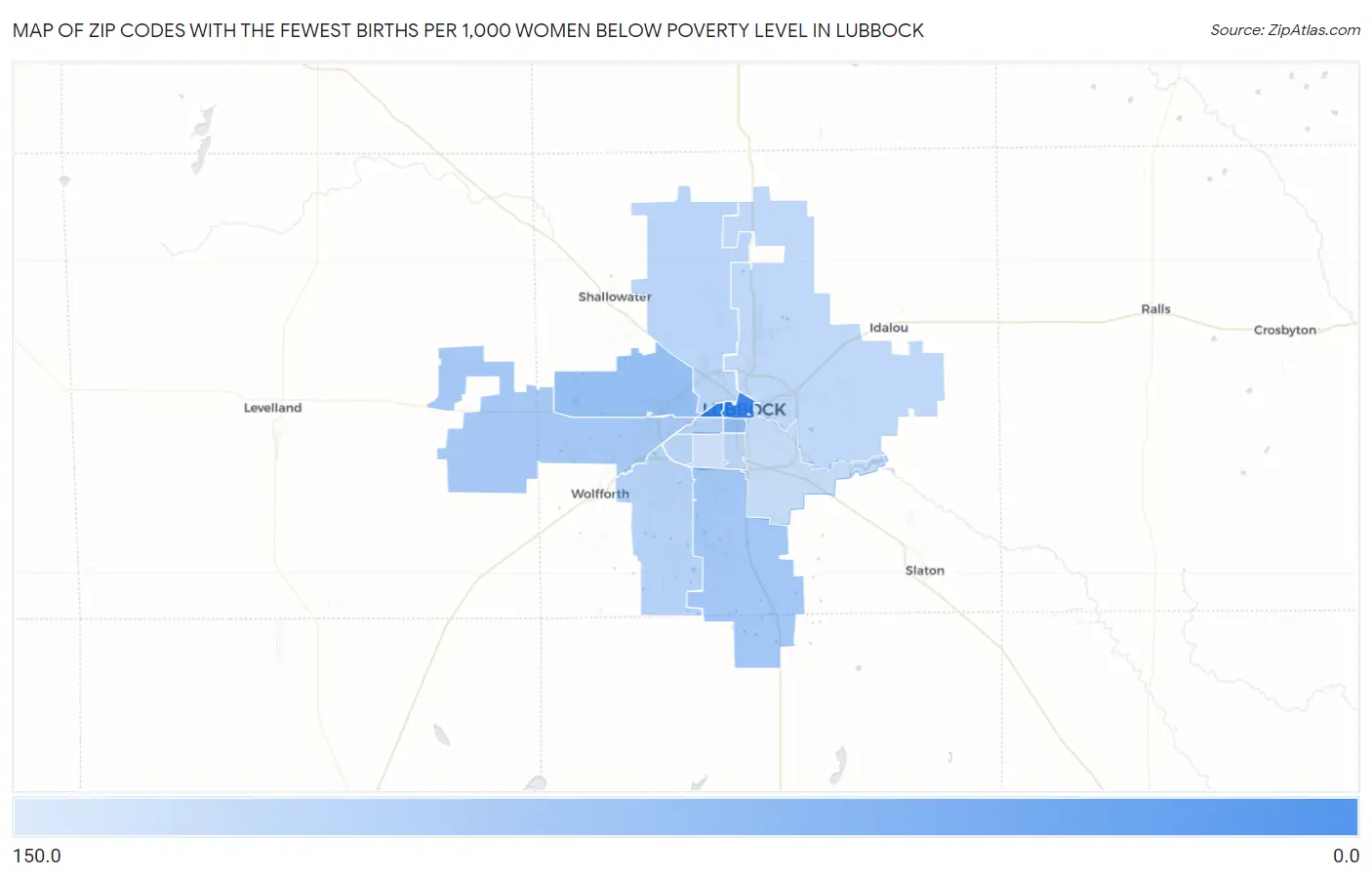 Zip Codes with the Fewest Births per 1,000 Women Below Poverty Level in Lubbock Map