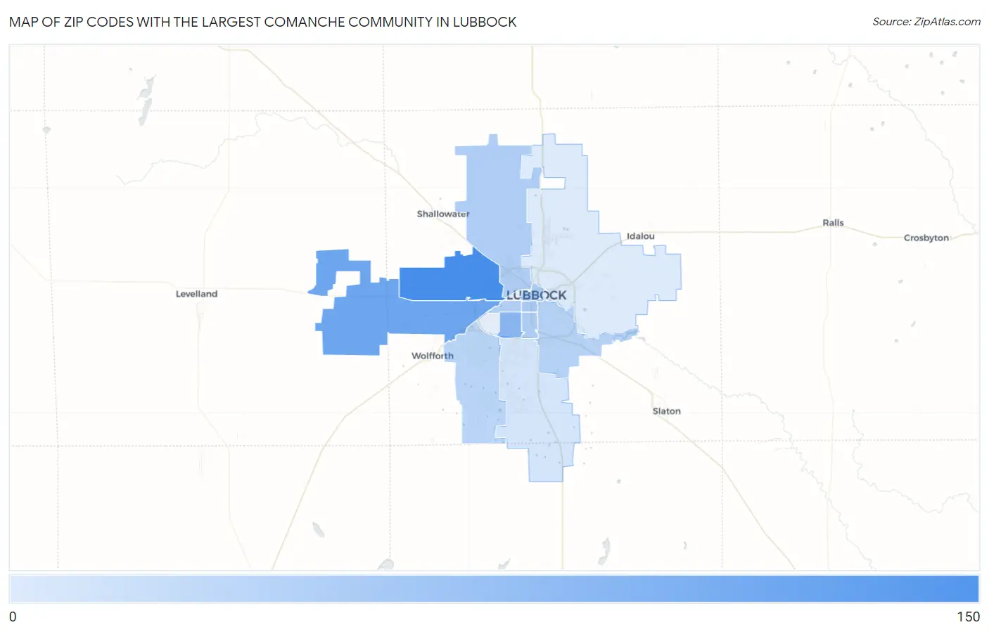 Zip Codes with the Largest Comanche Community in Lubbock Map