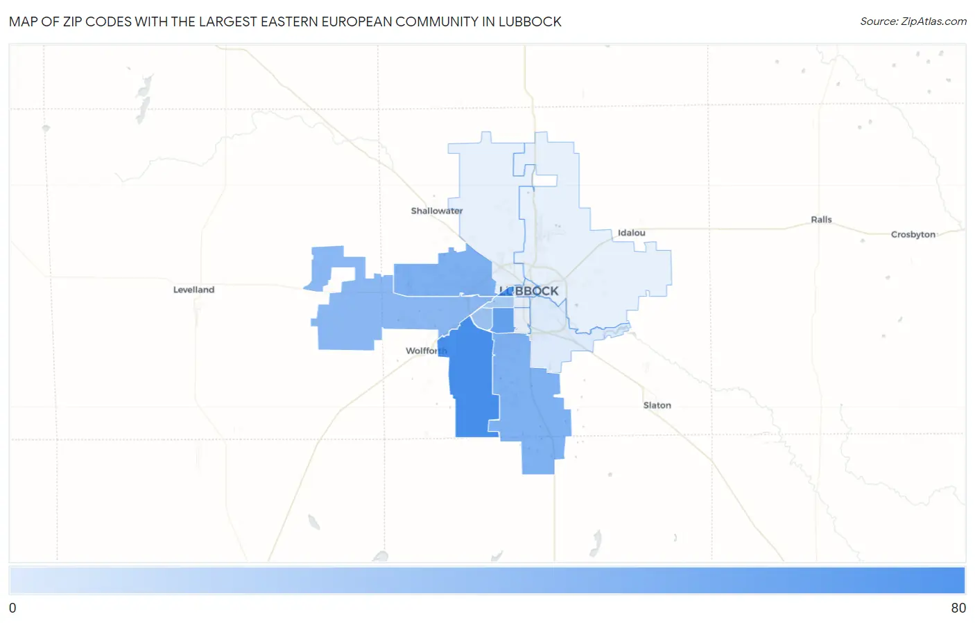 Zip Codes with the Largest Eastern European Community in Lubbock Map