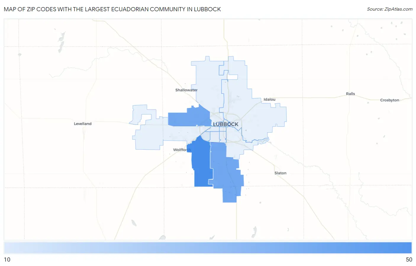 Zip Codes with the Largest Ecuadorian Community in Lubbock Map