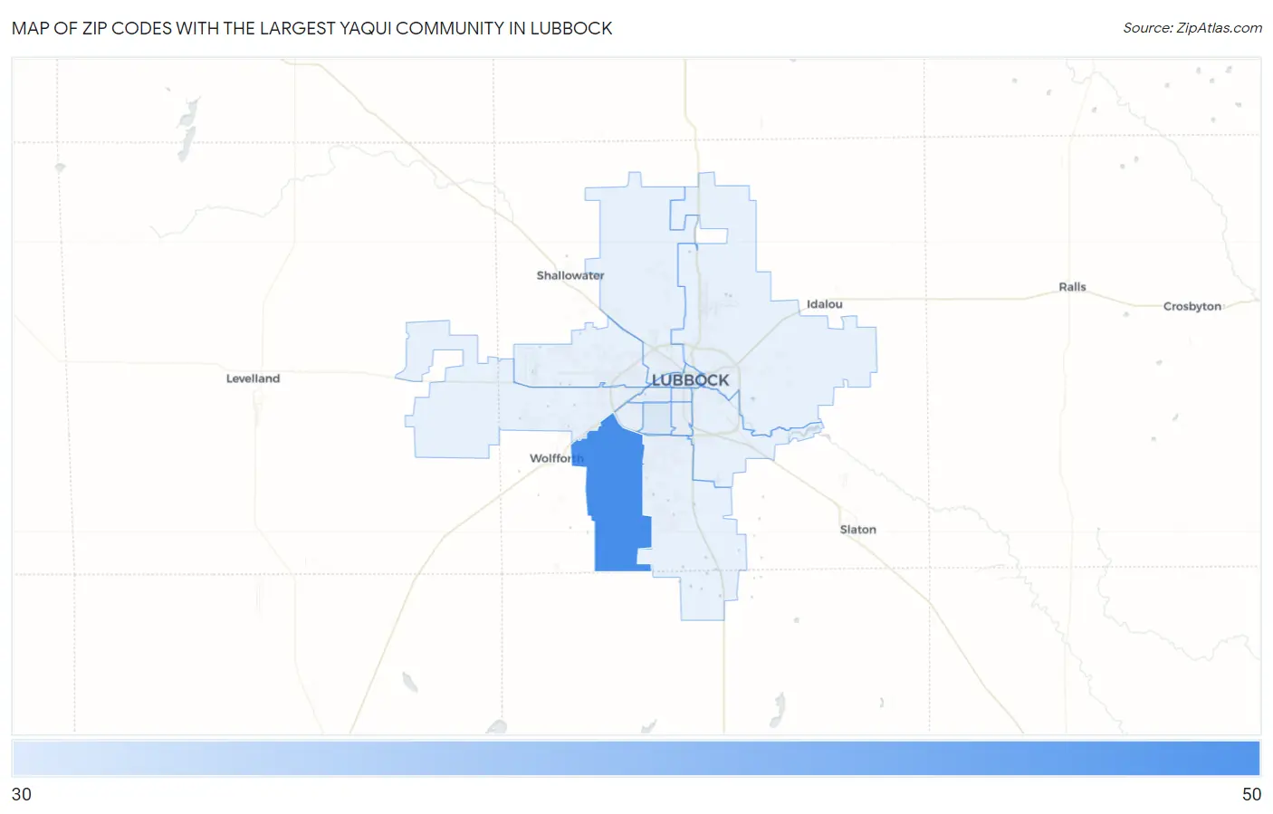 Zip Codes with the Largest Yaqui Community in Lubbock Map