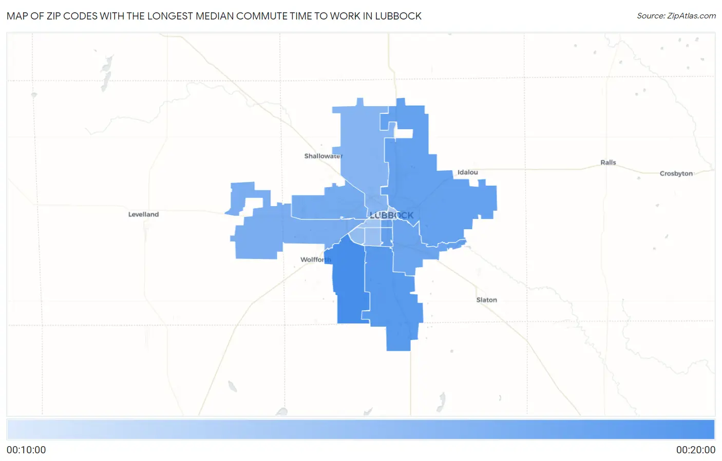 Zip Codes with the Longest Median Commute Time to Work in Lubbock Map