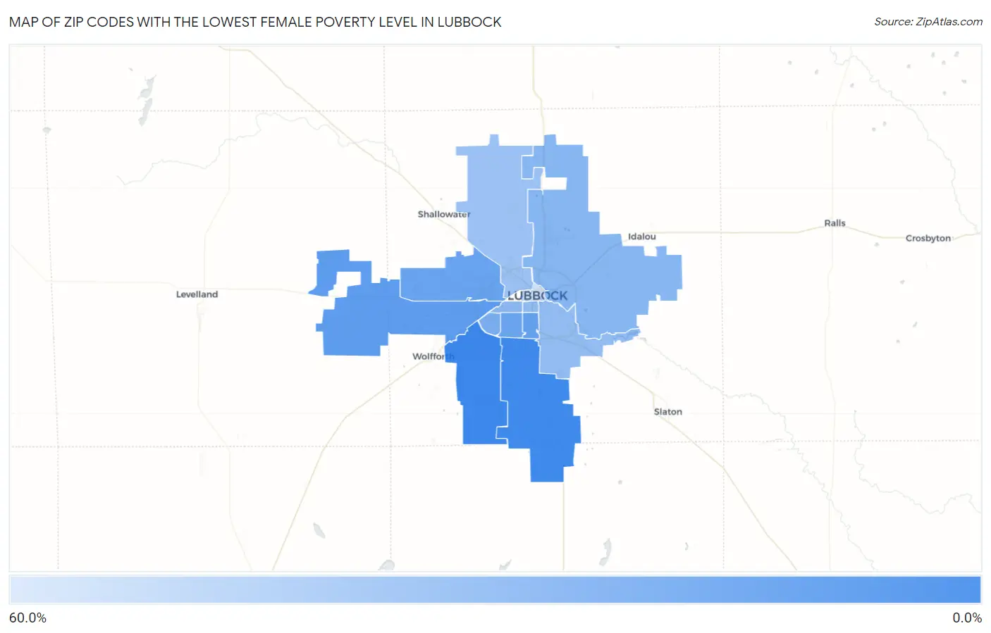 Zip Codes with the Lowest Female Poverty Level in Lubbock Map