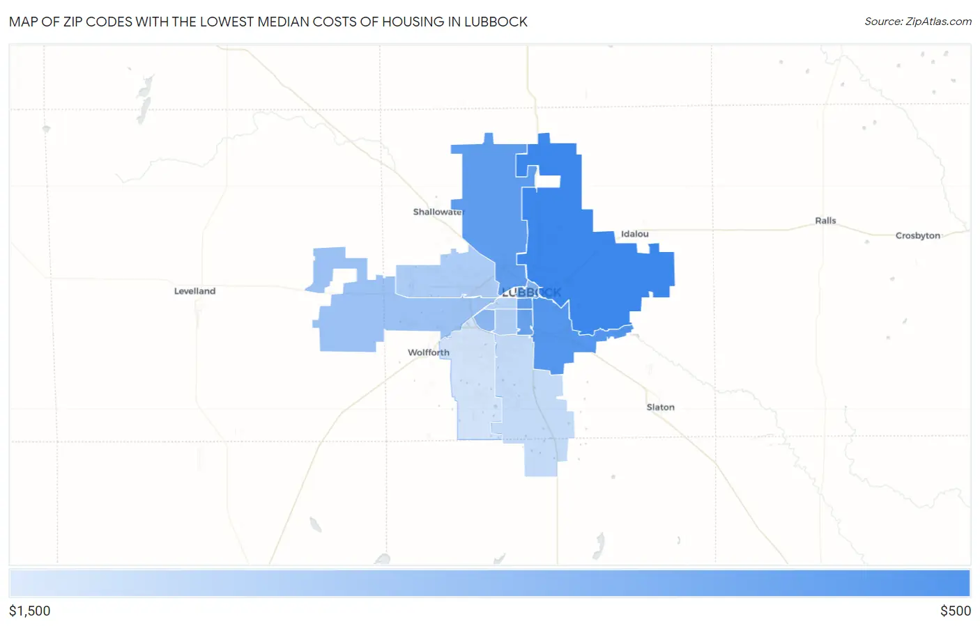 Zip Codes with the Lowest Median Costs of Housing in Lubbock Map