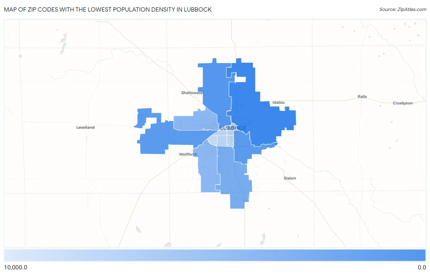 Zip Codes with the Lowest Population Density in Lubbock Map