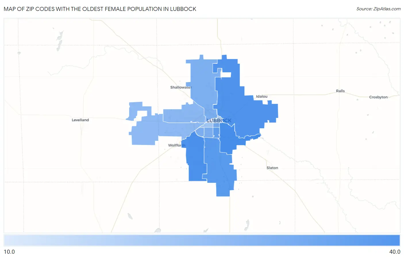 Zip Codes with the Oldest Female Population in Lubbock Map