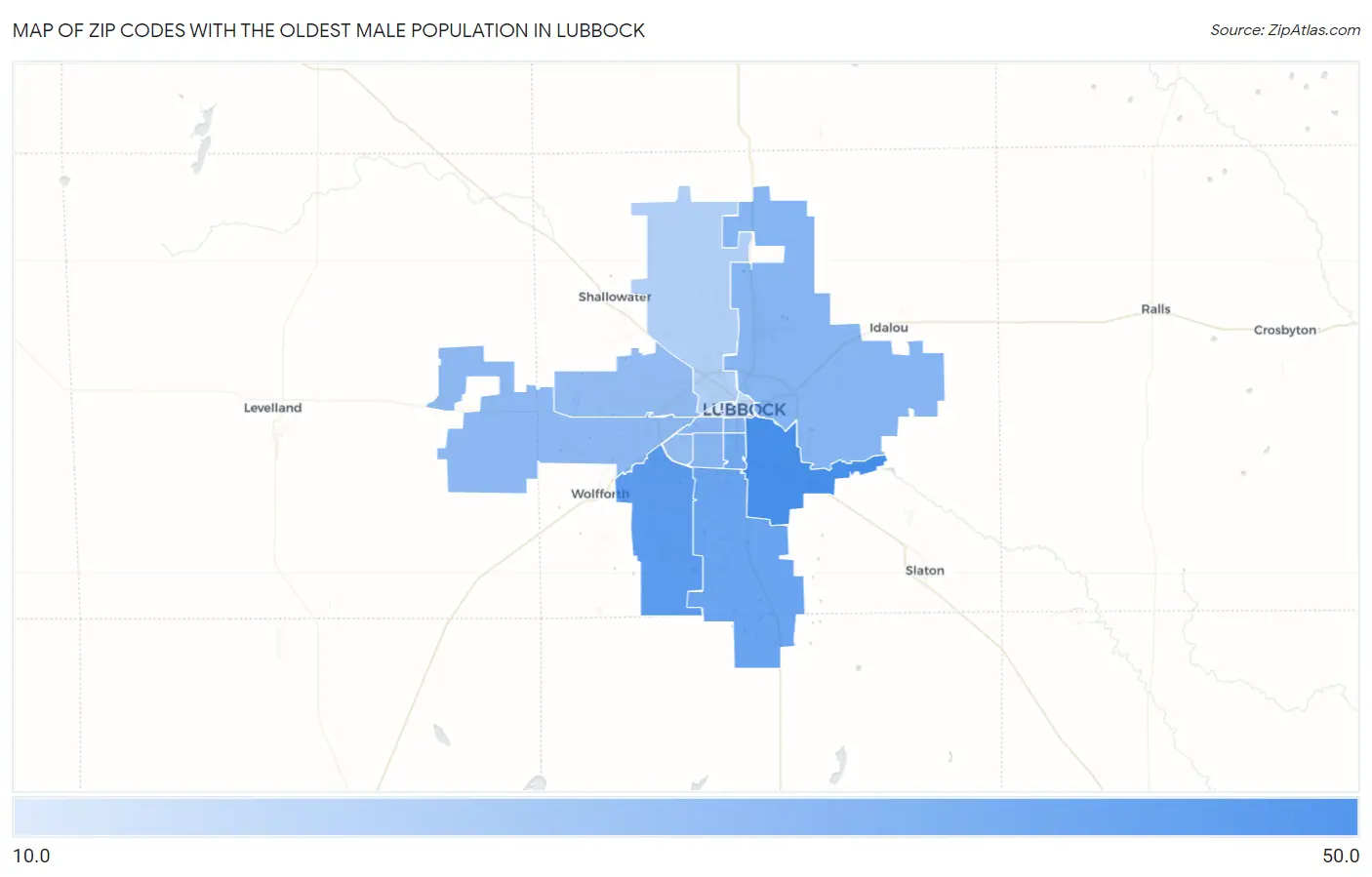Zip Codes with the Oldest Male Population in Lubbock Map
