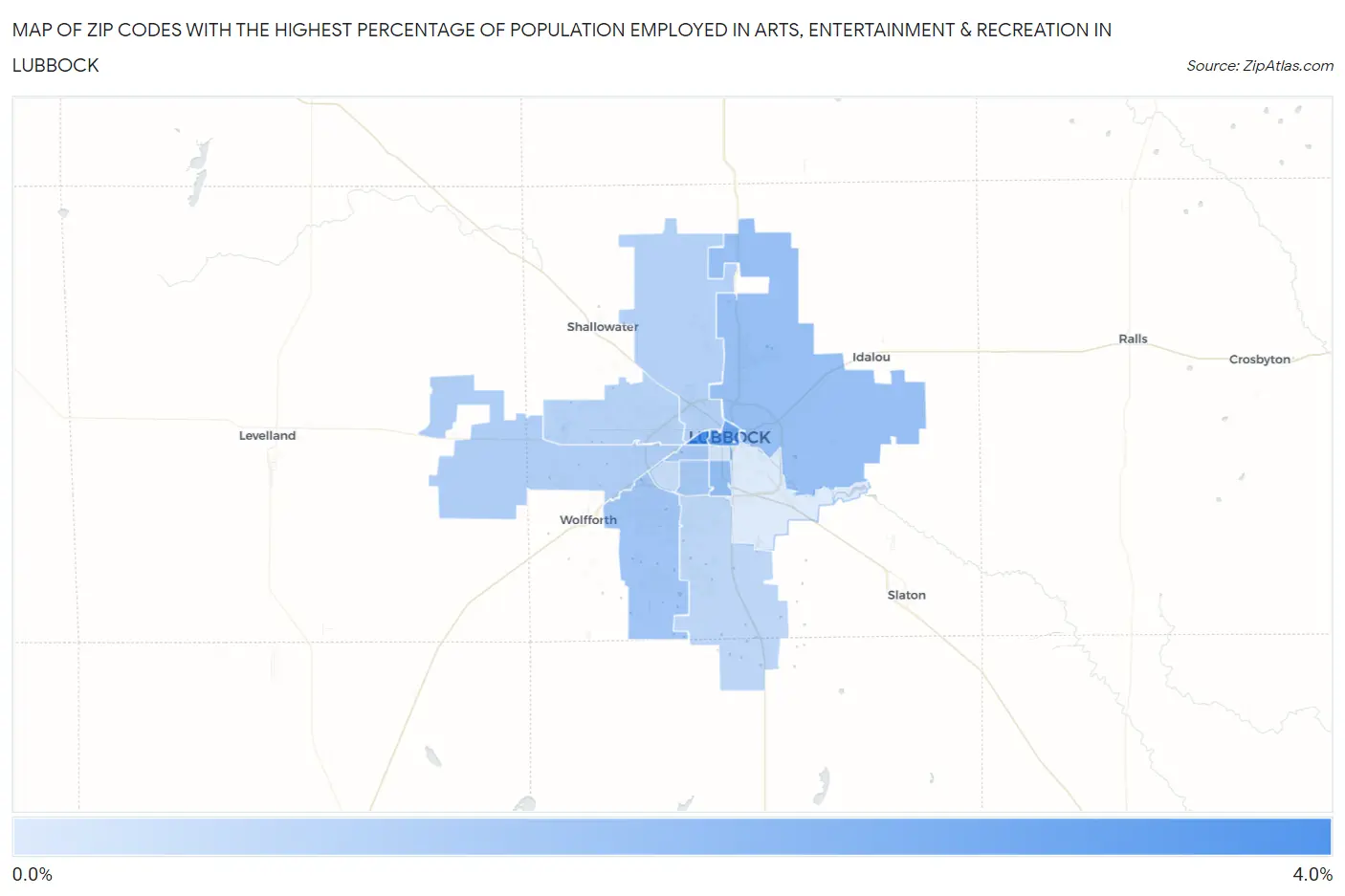 Zip Codes with the Highest Percentage of Population Employed in Arts, Entertainment & Recreation in Lubbock Map