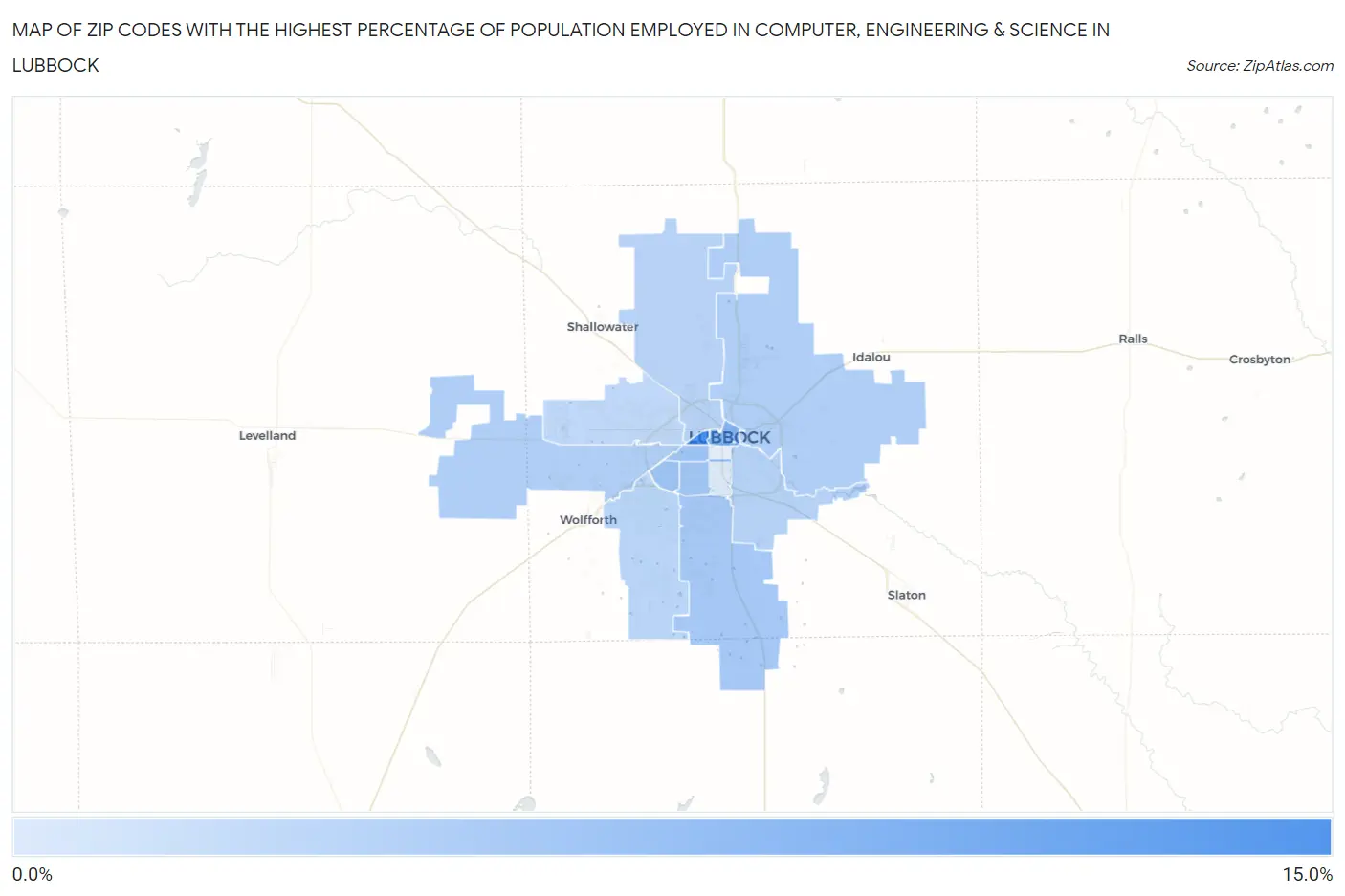 Zip Codes with the Highest Percentage of Population Employed in Computer, Engineering & Science in Lubbock Map