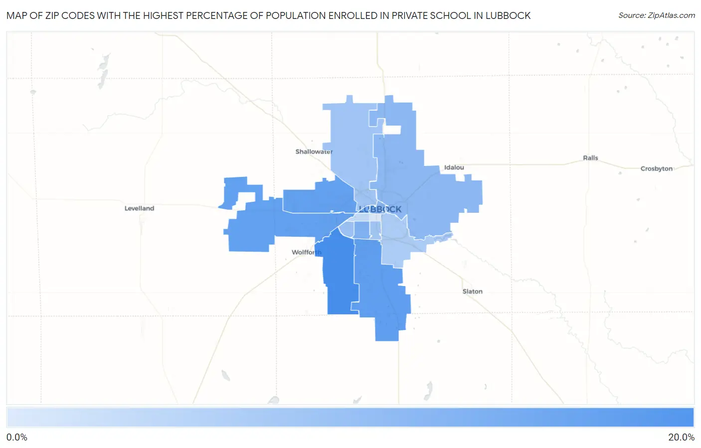 Zip Codes with the Highest Percentage of Population Enrolled in Private School in Lubbock Map