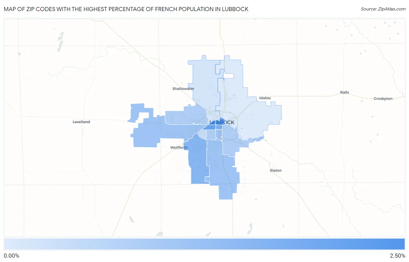 Zip Codes with the Highest Percentage of French Population in Lubbock Map