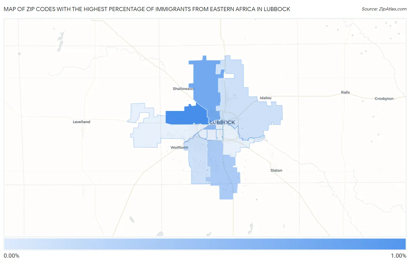 Zip Codes with the Highest Percentage of Immigrants from Eastern Africa in Lubbock Map